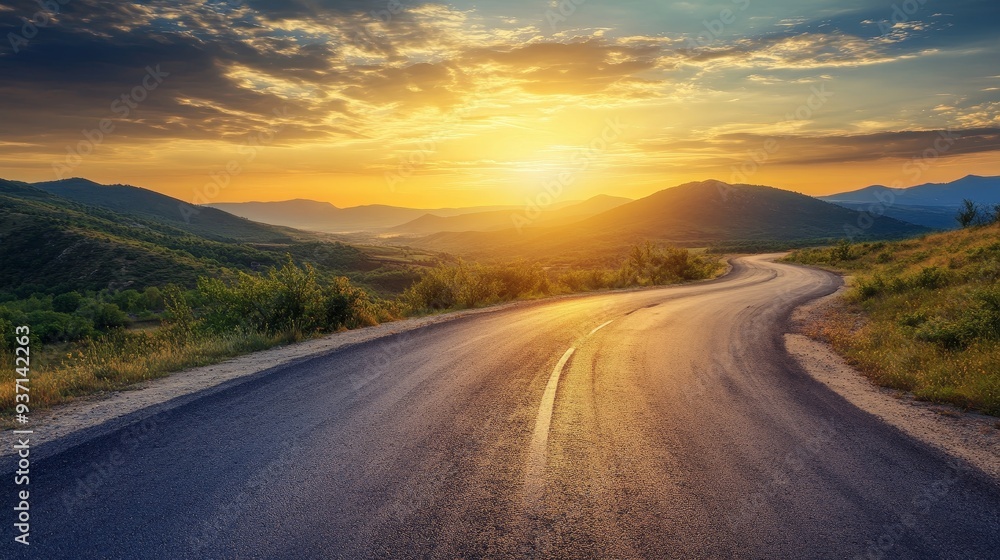 Naklejka premium Scenic winding road at sunset, surrounded by hills and a vibrant sky, ideal for travel and nature themes.
