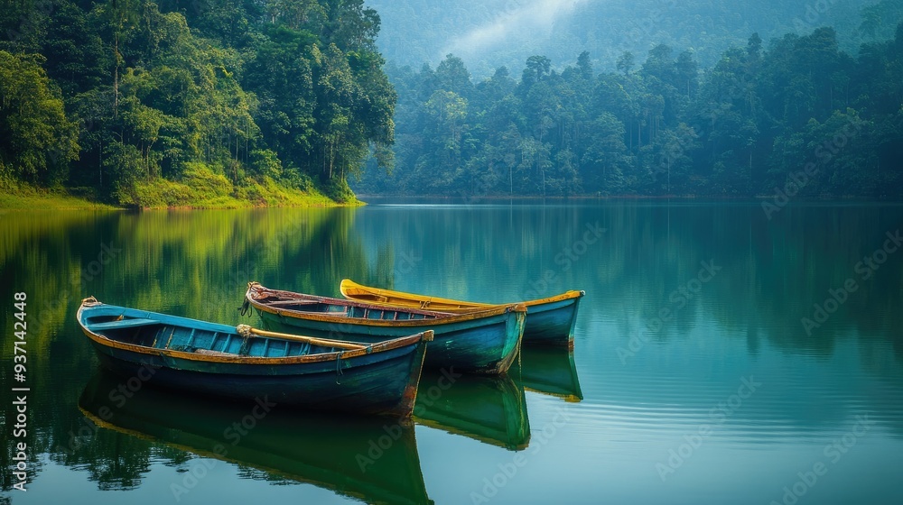 Obraz premium Fishing boats moored on a pristine lake, with forest trees creating a lush and calming backdrop in the natural setting.