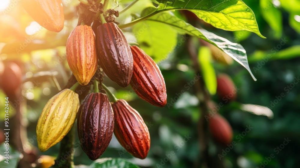 Vibrant cocoa pods hanging from a lush plant, showcasing their rich colors in natural light.