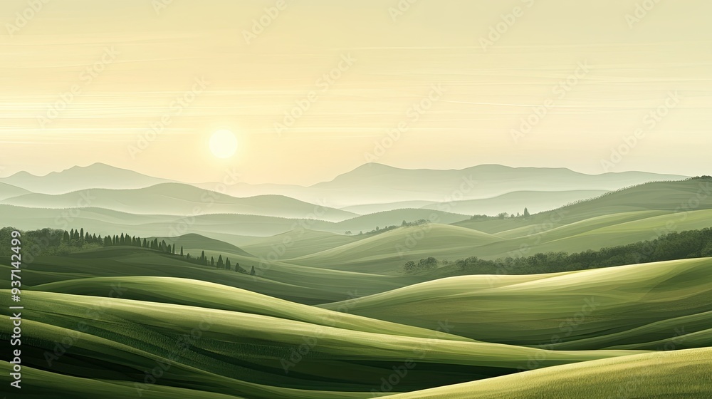 Gentle morning sun over rolling hills, with ample space for text. Gentle morning sun over rolling hills, with ample space for text.