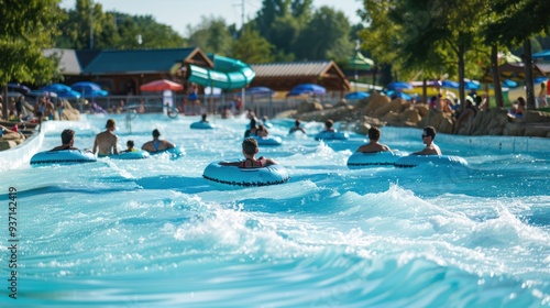 a wave pool at a water park, with simulated waves and visitors riding the waves on inflatable tubes.