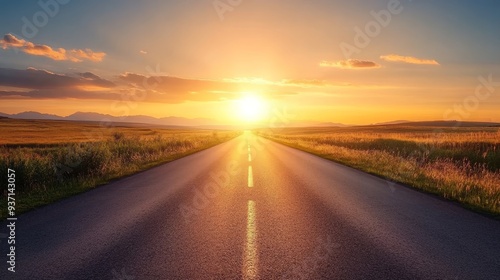 A scenic road leading toward a vibrant sunset, surrounded by lush fields and majestic mountains in the background.