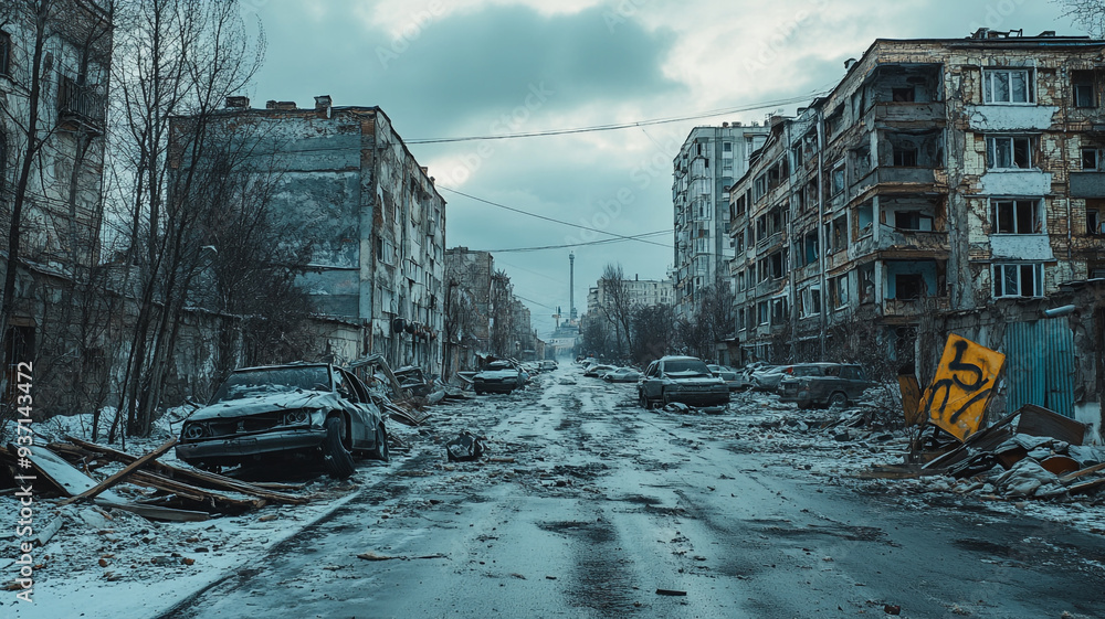 Desolate winter street reveals remnants of a once-thriving urban area, with abandoned vehicles and crumbling buildings under a gloomy sky Desolate winter street reveals remnants of a once-thriving urban area, with abandoned vehicles and crumbling buildings under a gloomy sky