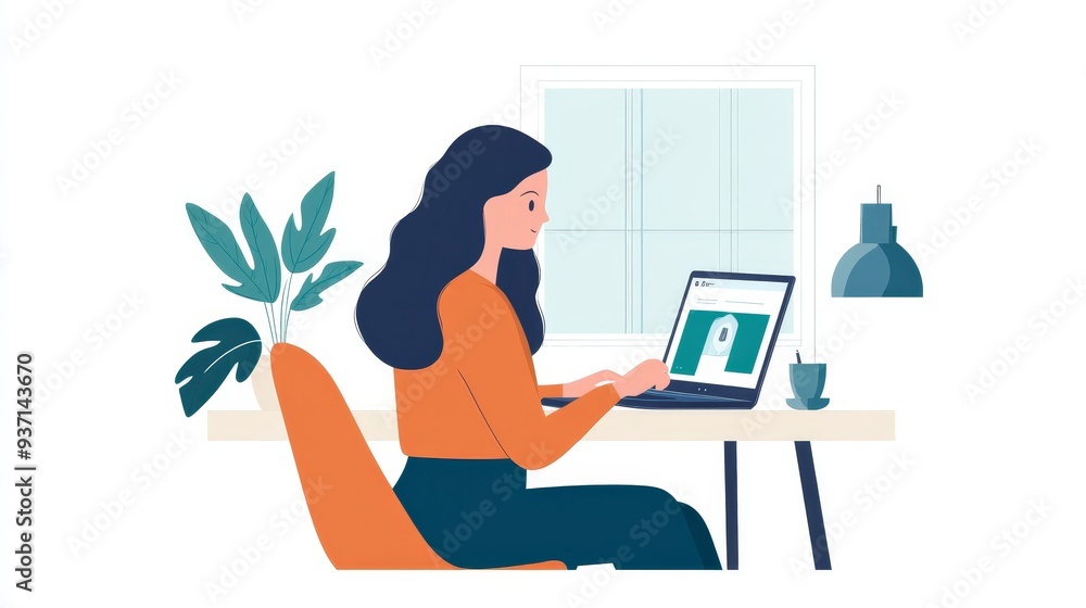 A woman working at a desk with a laptop, showcasing a modern workspace filled with plants and good lighting. A woman working at a desk with a laptop, showcasing a modern workspace filled with plants and good lighting.