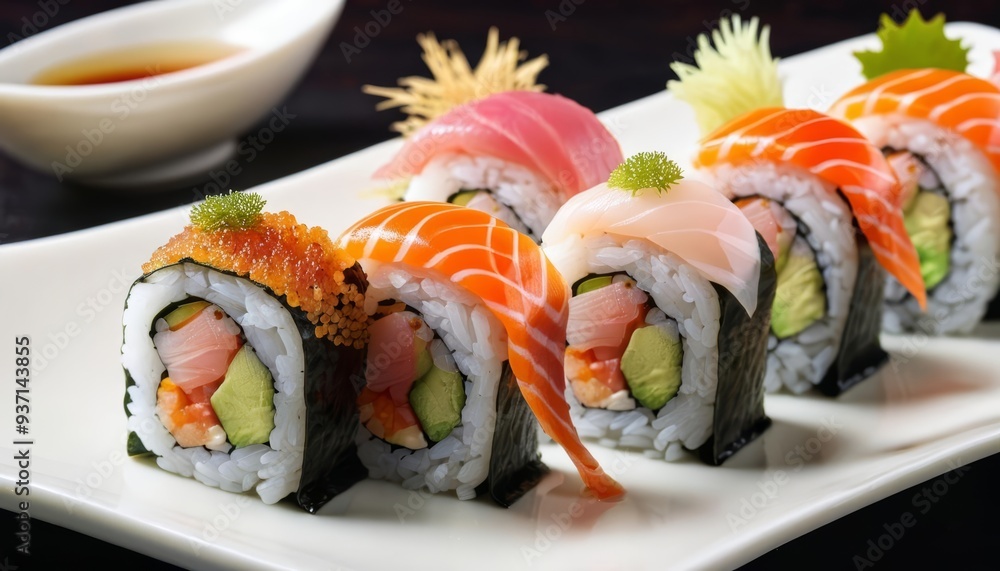 Deliciously crafted sushi rolls ready to be savored Deliciously crafted sushi rolls ready to be savored