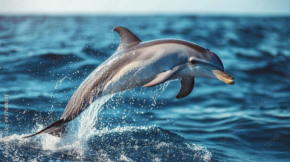 Fototapeta premium A dolphin leaping out of the ocean with water droplets frozen midair, sharp focus, bright sunlight, deep blue water, vibrant mood
