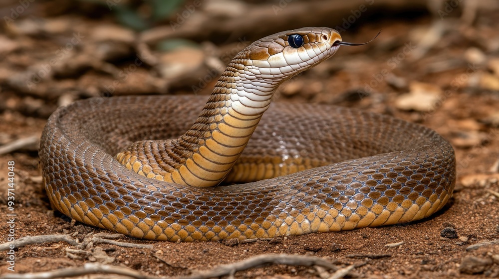 Fototapeta premium Indian cobra slithering on the ground, with space for text.