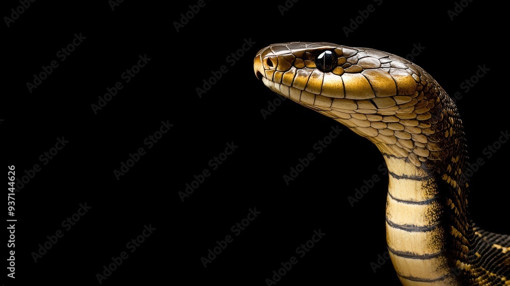 Fototapeta premium King cobra in a striking pose, with space for text.