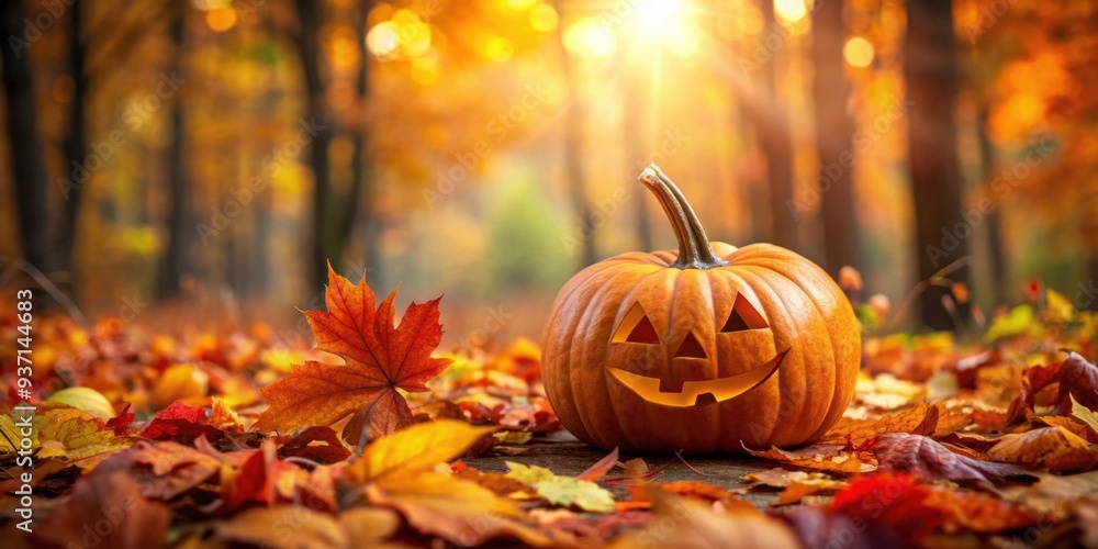 Halloween pumpkin surrounded by colorful fall leaves in the forest, pumpkin, Halloween, autumn, leaves, forest, orange Halloween pumpkin surrounded by colorful fall leaves in the forest, pumpkin, Halloween, autumn, leaves, forest, orange
