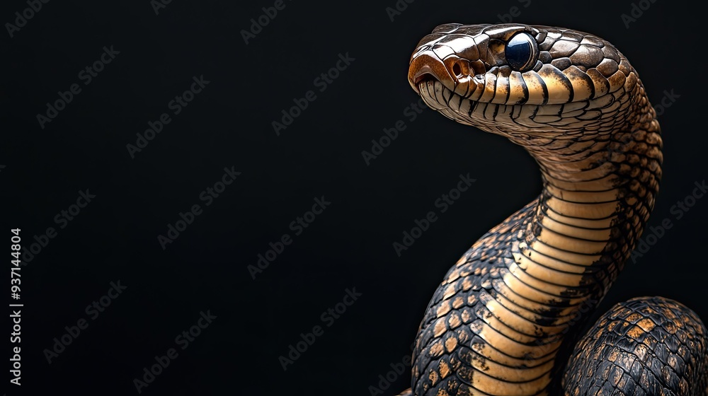 Fototapeta premium King cobra in a striking pose, with space for text.