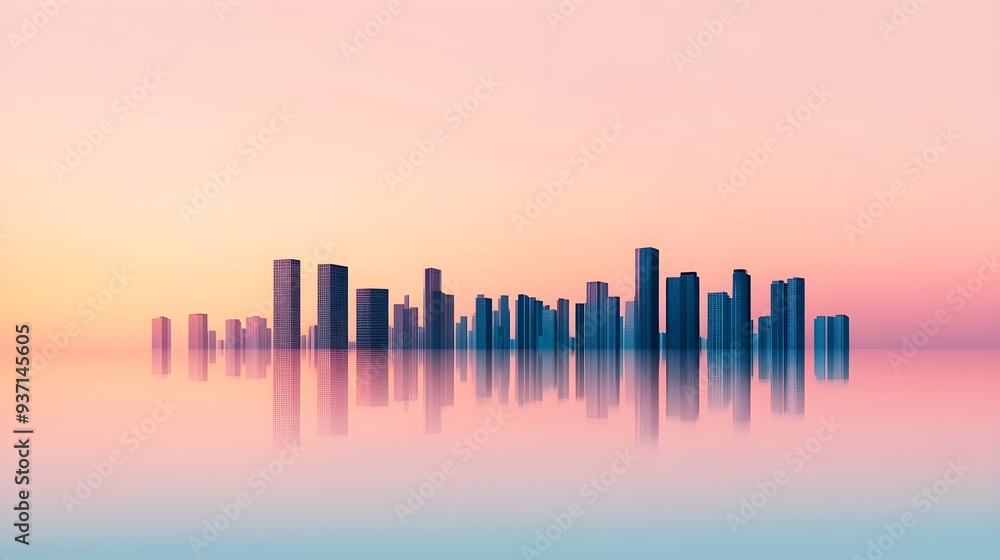Fototapeta premium Cityscape silhouette, dusk gradient, serene sunset