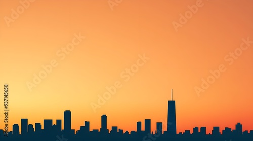 Cityscape silhouette, dusk gradient, serene sunset