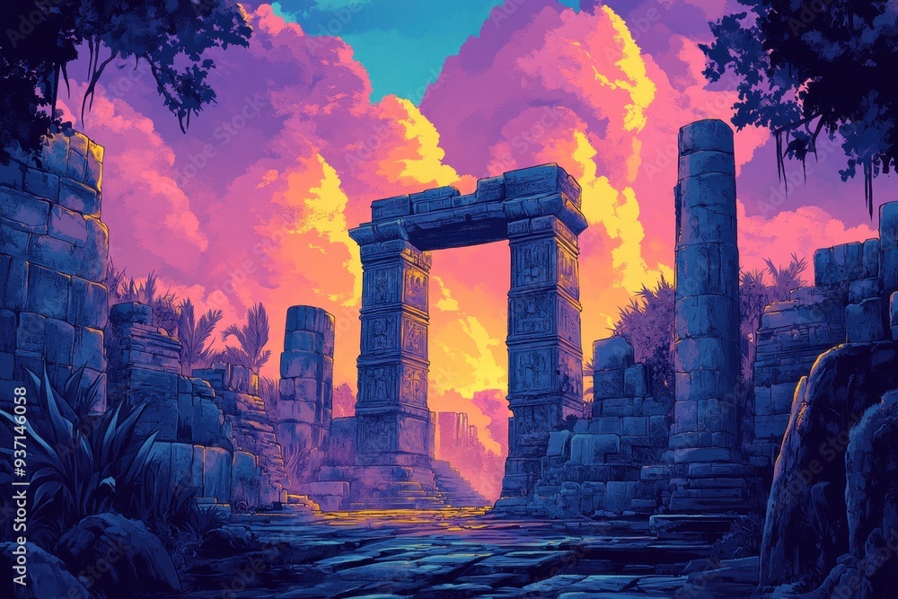 Fototapeta premium Ancient Stone Gateway Leading to a Mystical Sunset Landscape