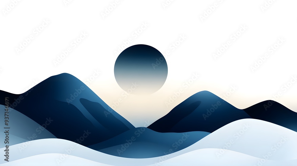 Clean mountain silhouette, monochromatic blue palette, serene environment Clean mountain silhouette, monochromatic blue palette, serene environment