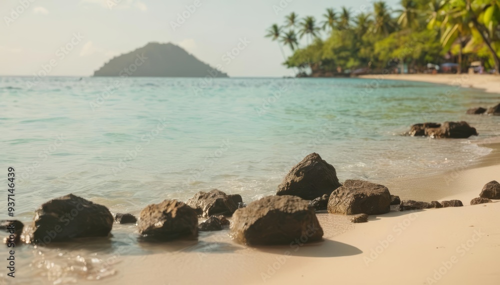  Tranquil beach escape with rocky shore and distant island