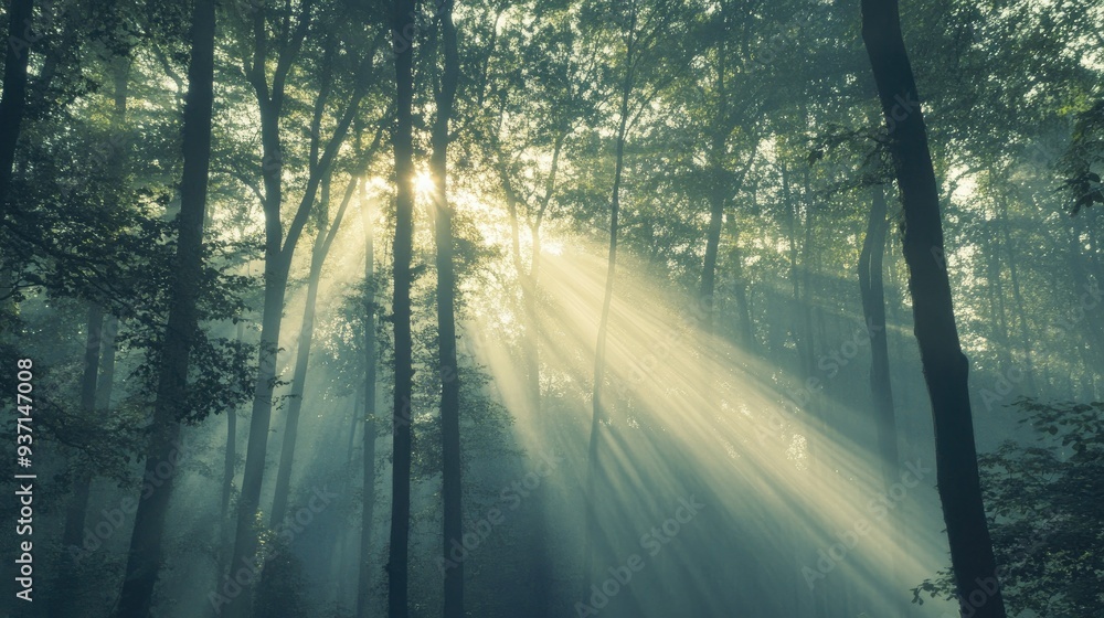 Obraz premium Morning sunlight streaming through forest trees with soft rays, leaving space for copy.