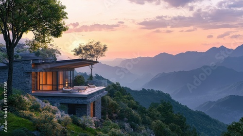 Mountain house with a panoramic view, offering ample copy space.