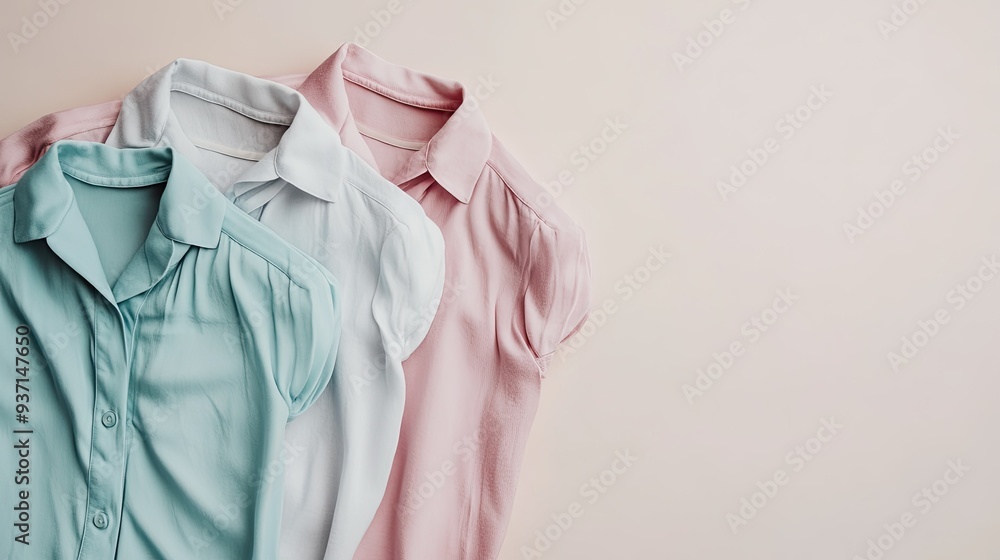 Neatly arranged women pajamas in soft colors on a neutral background, top view, clear copy space Neatly arranged women pajamas in soft colors on a neutral background, top view, clear copy space
