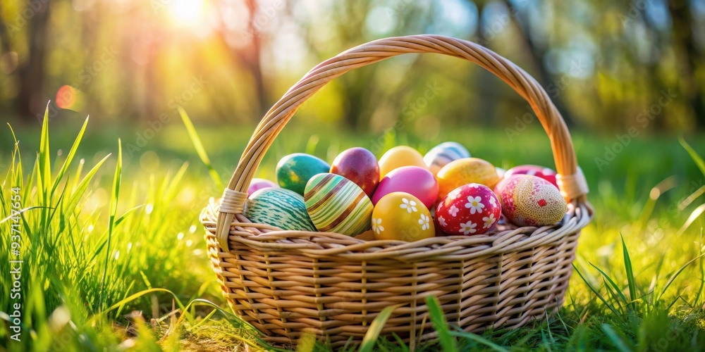 Traditional Easter eggs in a basket for an Easter picnic , Easter, eggs, basket, picnic, spring, holiday, celebration Traditional Easter eggs in a basket for an Easter picnic , Easter, eggs, basket, picnic, spring, holiday, celebration