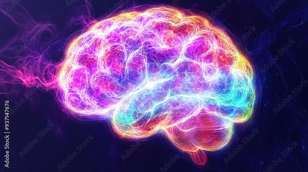 3D brain radiating rainbow colors, symbolizing cognitive energy and creativity. The vibrant hues represent enlightenment and the power of intellect 3D brain radiating rainbow colors, symbolizing cognitive energy and creativity. The vibrant hues represent enlightenment and the power of intellect
