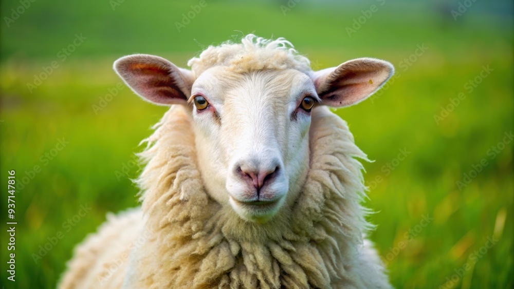 Fototapeta premium A close-up photo of a fluffy white sheep in a green field, sheep, wool, livestock, farm animal, countryside, agriculture