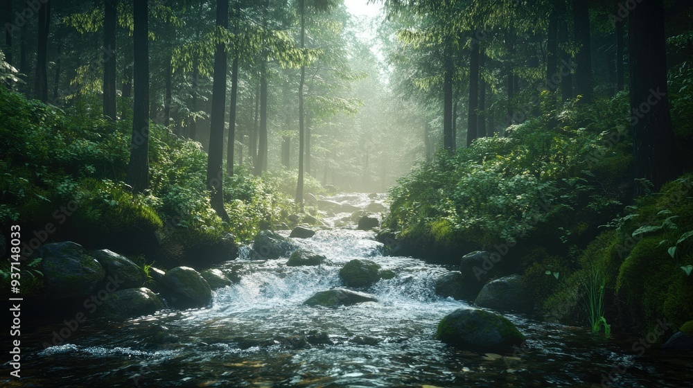 Fototapeta premium Peaceful stream flowing through a dense forest, with space for copy.