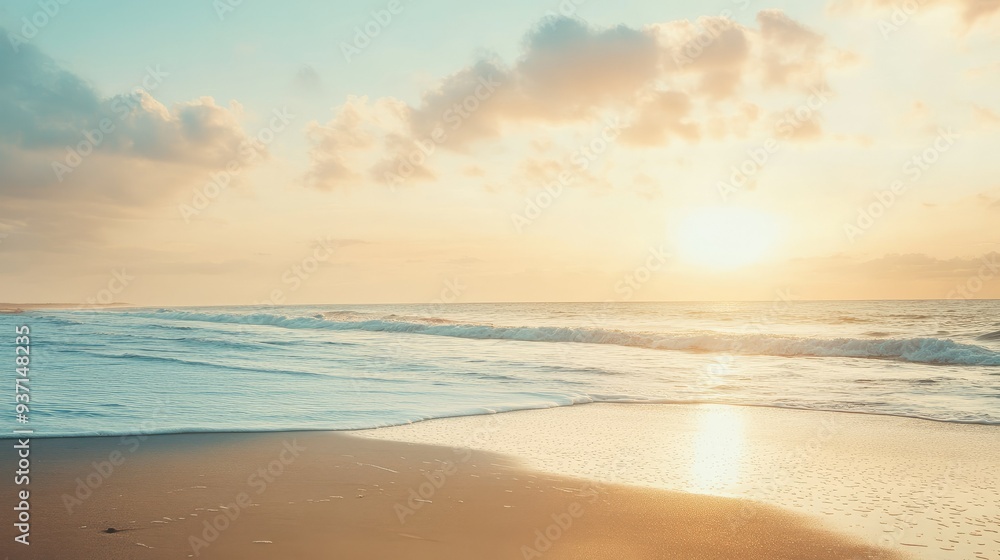 Obraz premium Peaceful sunset over a quiet, empty beach, with space for text.