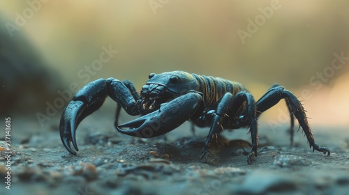 Scorpion walking on textured ground, highlighting its glossy black exoskeleton against a softly blurred background for contrast. photo