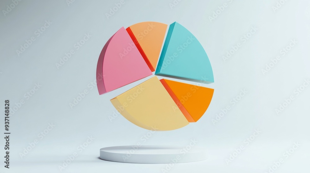 Obraz premium 3D pie chart with vibrant segments floating in mid-air, set against a white minimalist background
