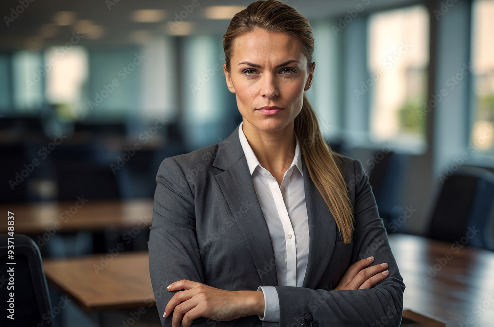 An authoritative businesswoman stands confidently An authoritative businesswoman stands confidently