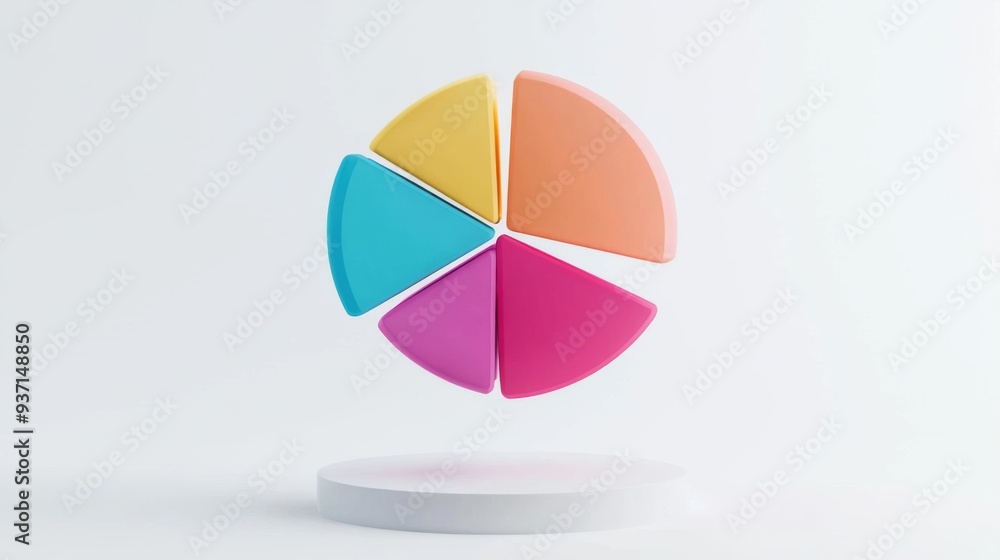 Obraz premium 3D pie chart with vibrant segments floating in mid-air, set against a white minimalist background