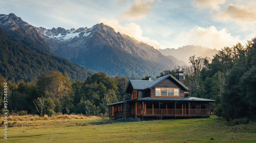 Secluded home with a stunning mountain backdrop, leaving space for text. Secluded home with a stunning mountain backdrop, leaving space for text.