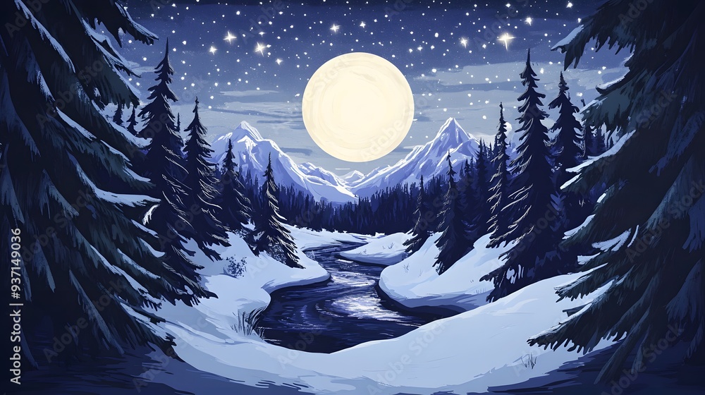 Naklejka premium Winter Night Landscape with Moon and Stars.