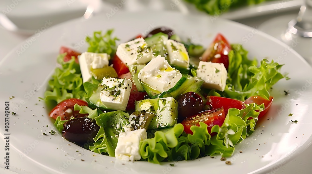 On a white plate a salad with greens olives and feta cheese On a white plate a salad with greens olives and feta cheese
