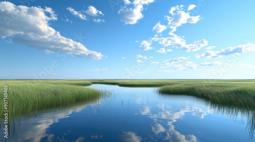 Serene South Asian stream reflecting the sky, with ample copy space.
