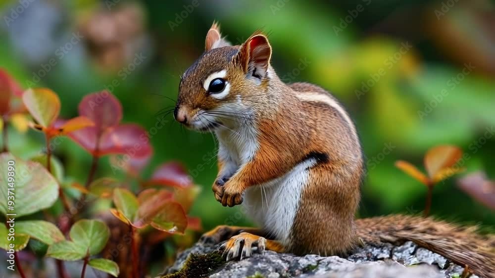 Eastern chipmunk is perched on a moss covered rock, surrounded by lush greenery. Its attentive posture and bright eyes suggest a moment of alertness in its natural habitat Eastern chipmunk is perched on a moss covered rock, surrounded by lush greenery. Its attentive posture and bright eyes suggest a moment of alertness in its natural habitat