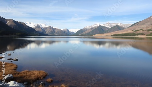 there is a lake with a mountain in the background.