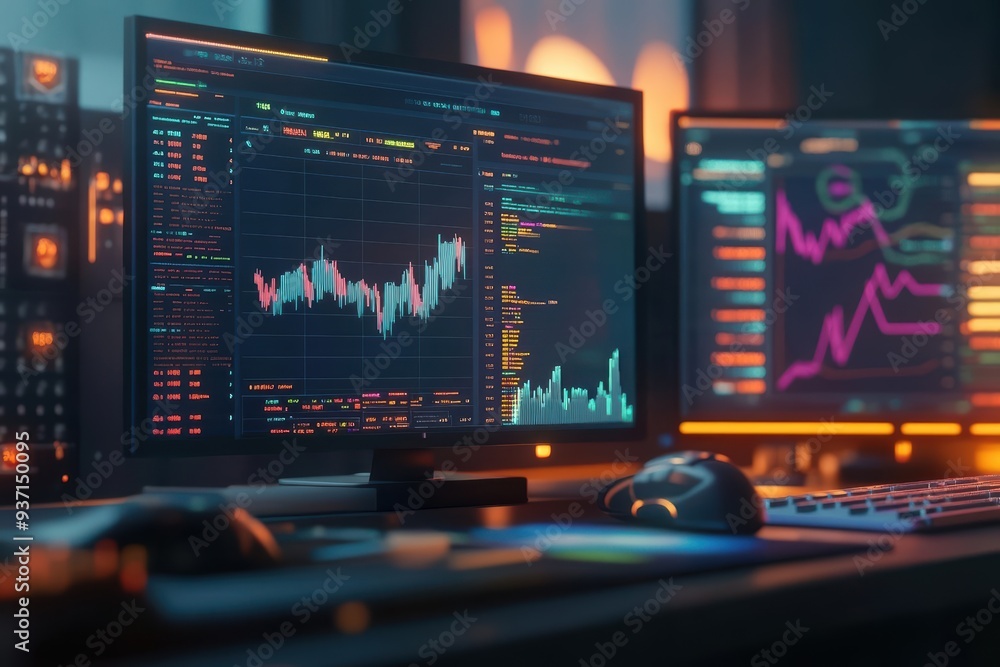 Portfolio analysis, digital screens with investment charts, 3D illustration Portfolio analysis, digital screens with investment charts, 3D illustration
