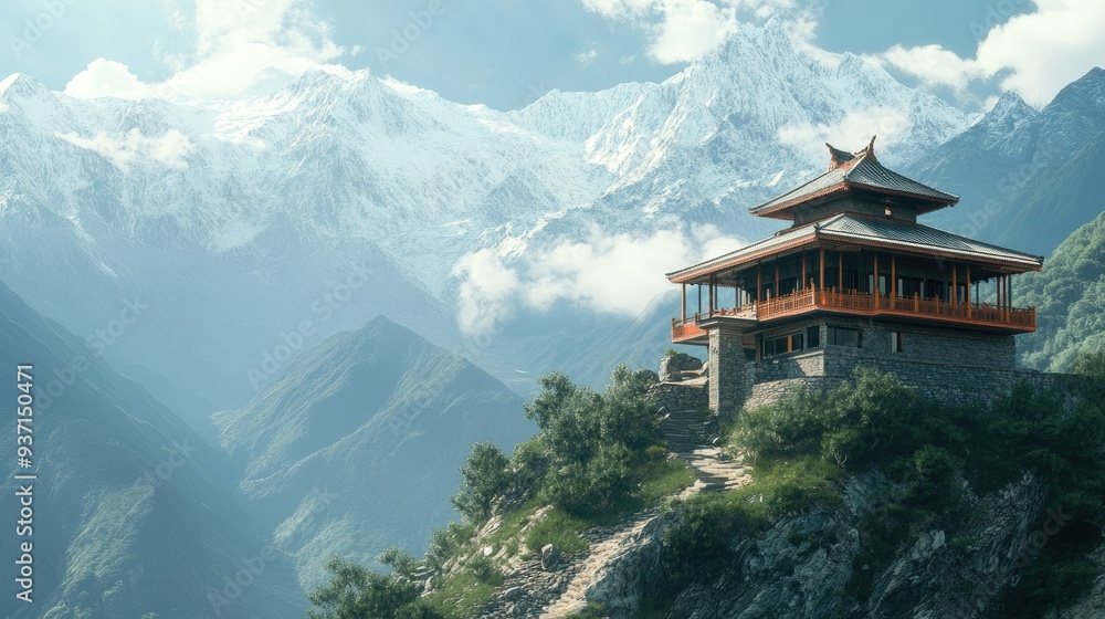 South Asian house amidst mountain peaks, with space for copy. South Asian house amidst mountain peaks, with space for copy.