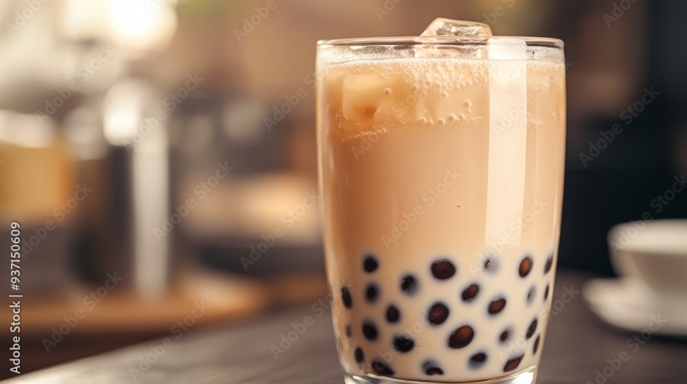 A close-up of a glass of classic bubble tea, showing the creamy milk tea with glossy tapioca pearls clustered at the bottom. A close-up of a glass of classic bubble tea, showing the creamy milk tea with glossy tapioca pearls clustered at the bottom.