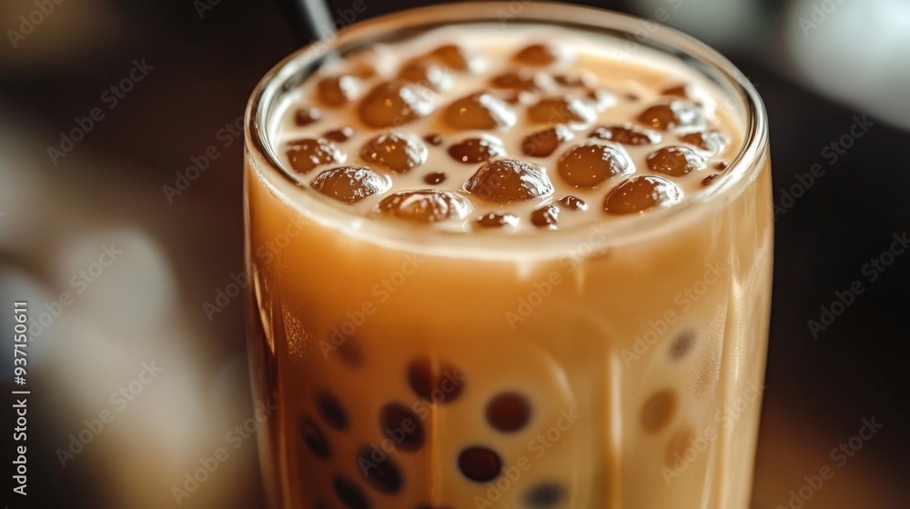 A close-up of a glass of classic bubble tea, showing the creamy milk tea with glossy tapioca pearls clustered at the bottom. A close-up of a glass of classic bubble tea, showing the creamy milk tea with glossy tapioca pearls clustered at the bottom.