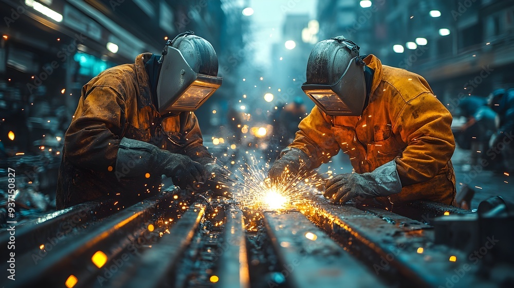 Skilled Welders Amid Bright Sparks and Intense Industrial Setting Skilled Welders Amid Bright Sparks and Intense Industrial Setting