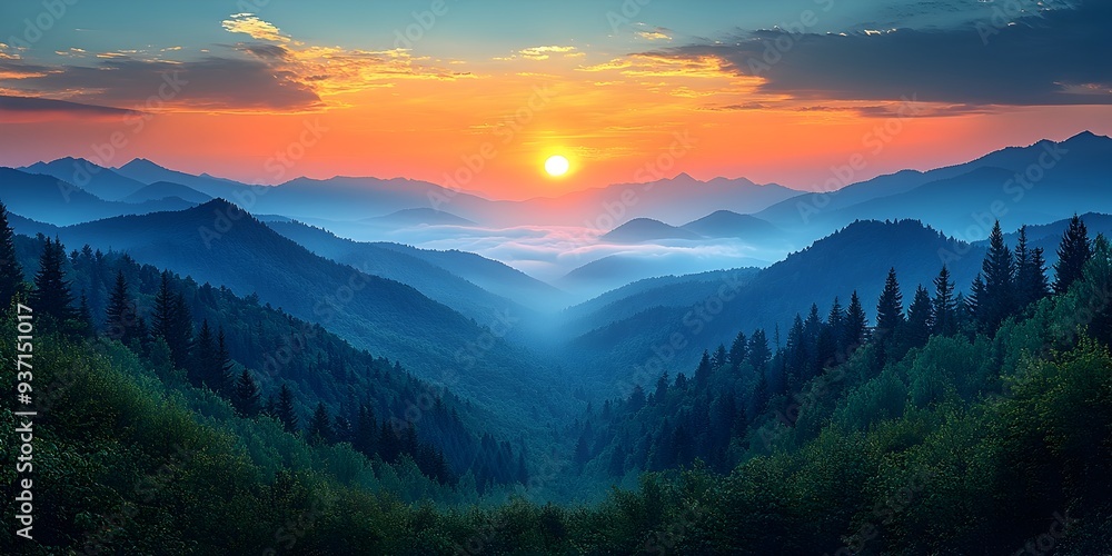Obraz premium Ethereal Sunrise Over Misty Mountain Valleys with Lush Forests and Tranquil Atmosphere