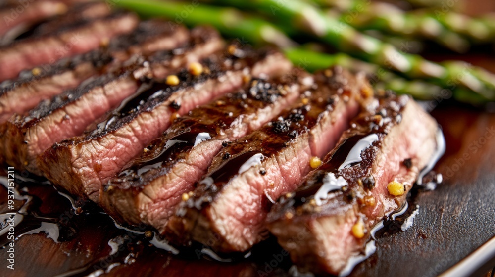 A close-up of a sliced steak showing the marbling and juicy texture, with a drizzle of balsamic glaze and a side of grilled asparagus. A close-up of a sliced steak showing the marbling and juicy texture, with a drizzle of balsamic glaze and a side of grilled asparagus.
