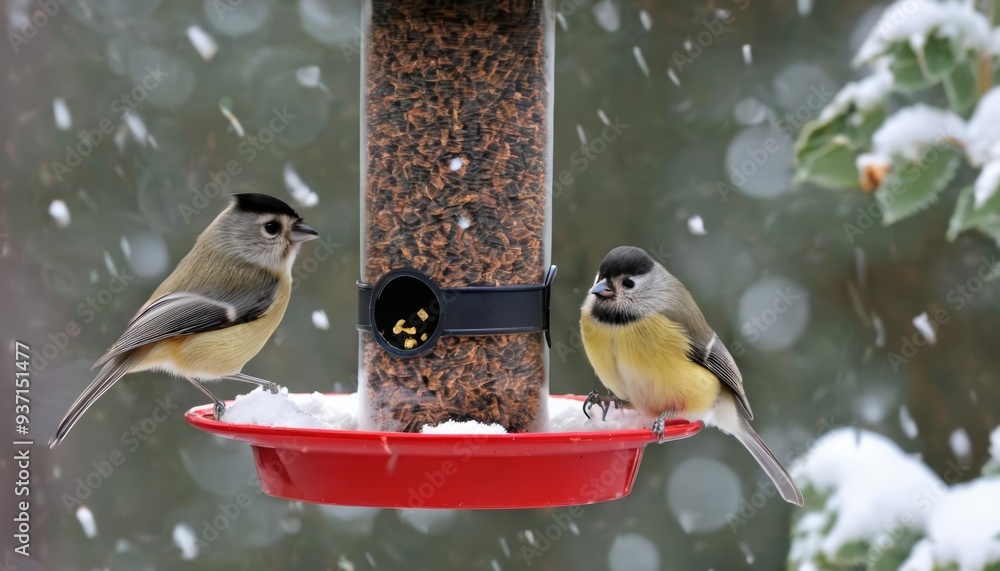 Naklejka premium Snowy companions at the bird feeder