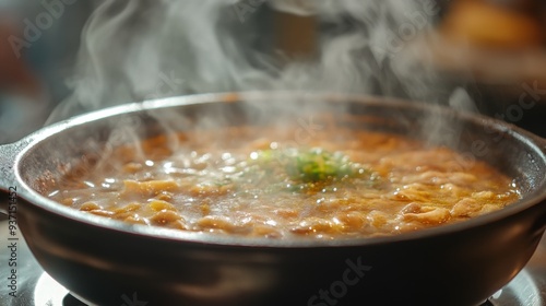 A close-up of a steaming dish of hot soup, with aromatic smoke rising and adding to the appetizing scene.