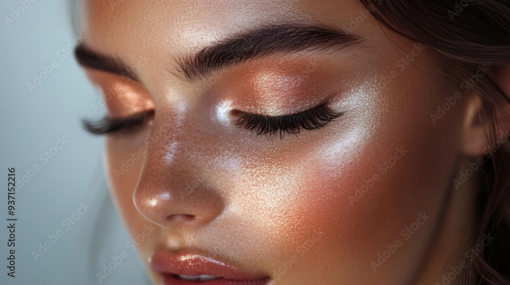 A close-up of a woman face with full glam makeup, including shimmering highlighter, bold brows, and a perfectly blended eyeshadow palette. A close-up of a woman face with full glam makeup, including shimmering highlighter, bold brows, and a perfectly blended eyeshadow palette.