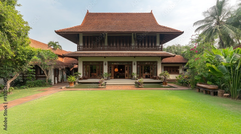 Traditional Asian home with lush green lawn and tiled roof. Traditional Asian home with lush green lawn and tiled roof.