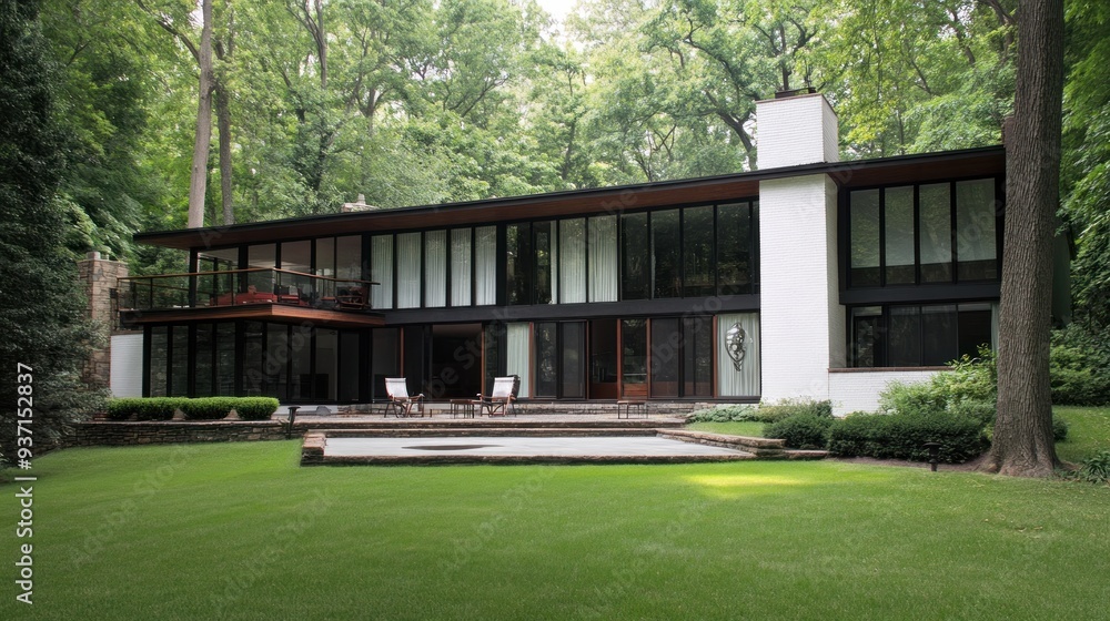 Modern white house with large windows surrounded by lush green trees and a manicured lawn. Modern white house with large windows surrounded by lush green trees and a manicured lawn.