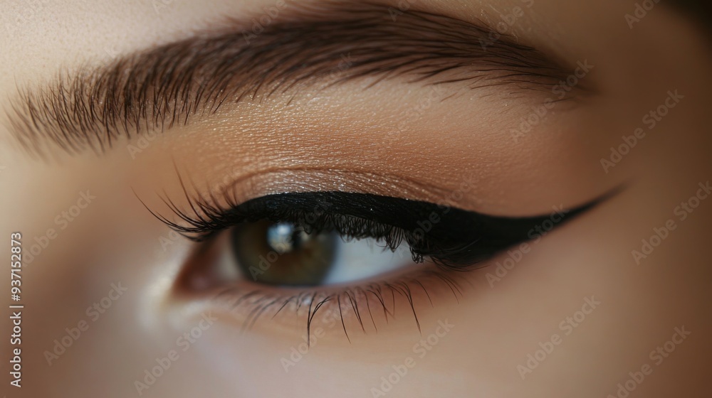 Fototapeta premium A detailed shot of a woman's eye, showcasing perfectly applied eyeliner and long, voluminous lashes, with a subtle hint of eyeshadow.
